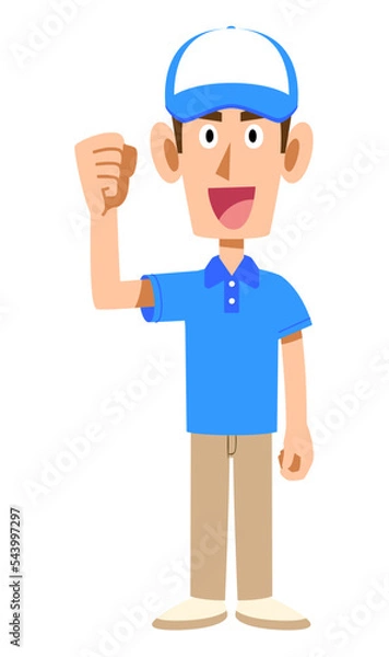 Fototapeta 半袖のポロシャツ姿で帽子をかぶった男性スタッフのモチベーションが高い様子
