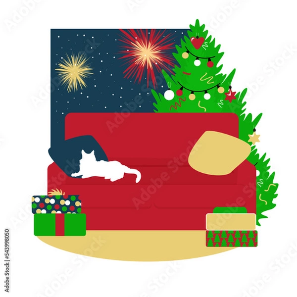 Fototapeta Decorated living room for christmas holidays. Red sofa, tree, gift boxes. White Cat on armchair. Firecrackers and snow in night window. Xmas home apartment background.