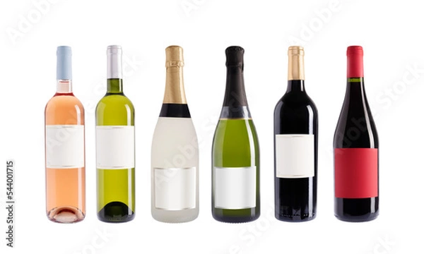 Fototapeta Champagne and wine bottles, isolated on transparent background. Rose, white, red wine. Wine collection. Origin France. With and without label. Precision cut and impeccable finish.
