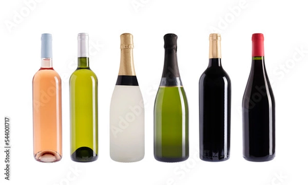 Fototapeta Champagne and wine bottles, isolated on transparent background. Rose, white, red wine. Wine collection. Origin France. With and without label. Precision cut and impeccable finish.