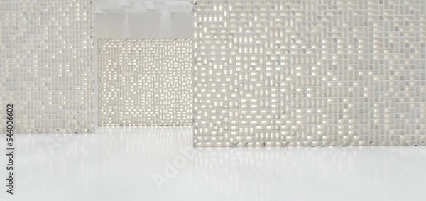 Fototapeta Luxury white abstract architectural minimalistic background. Contemporary showroom. Modern  exhibition stand. Empty gallery. Backlight. Polygonal Graphic Design. 3D illustration and rendering.