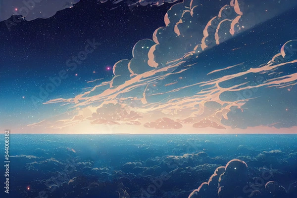 Fototapeta Fantasy Atmosphere Sky Landscape. Japanese Anime Style. Dynamic Cloud See Through Light. Amazing View Background