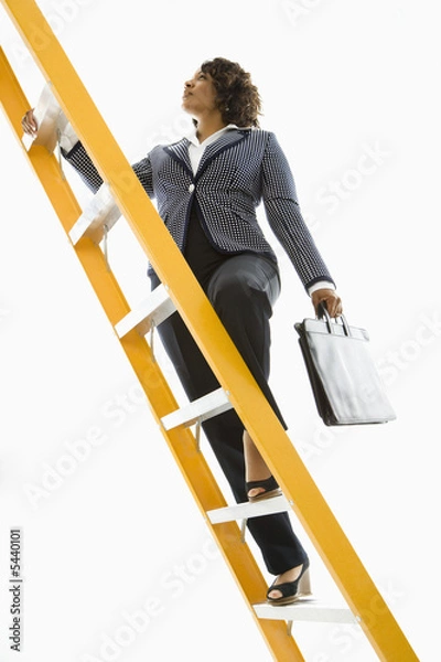 Obraz Businesswoman holding briefcase climbing ladder.
