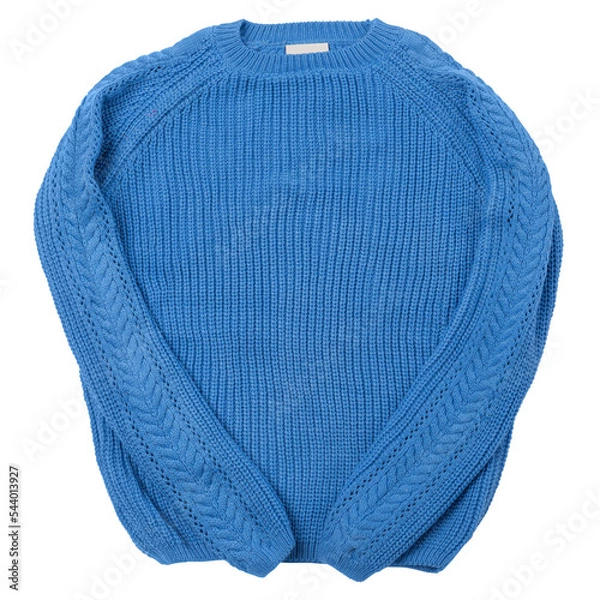 Fototapeta Blue knitted sweater with neatly folded sleeves, isolate
