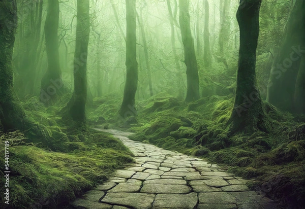 Fototapeta An ancient mysterious forest in the fog with a road paved with stones. Moss-covered trees and clearings. Dense forest landscape. Realistic digital illustration. Fantastic Background. Concept Art. CG A