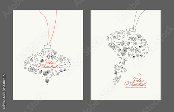 Fototapeta Christmas Postcard on a Spanish language. feliz navidad Xmas tree bauble for postcard and invitation