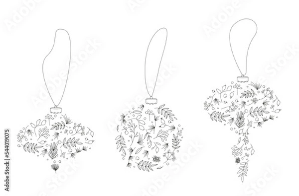 Fototapeta Marry Christmas decoration with simple elegant floral elements. Xmas tree bauble for postcard and invitation