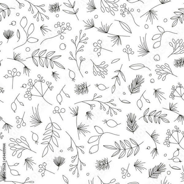 Fototapeta Seamless floral pattern for Xmas and new year celebration. Seamless paper texture with outline plants and berries elements. Winter mapping.