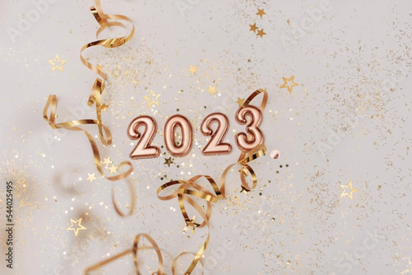 Obraz happy new year 2023 background new year holidays card with bright lights,gifts and bottle of hampagne