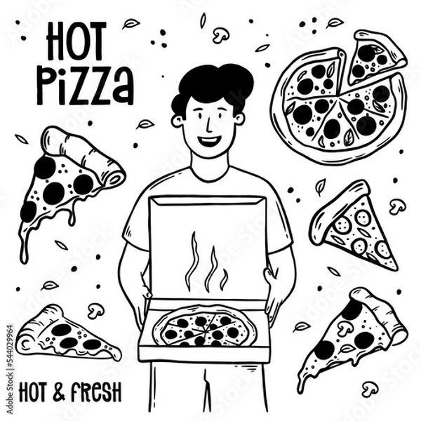 Obraz Hand drawn doodle Hot pizza. Doodle vector.