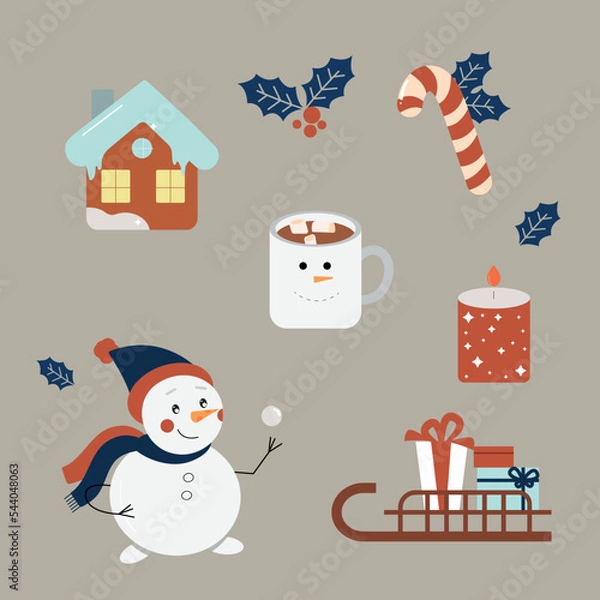 Fototapeta Winter set. Snowman, New Year's gingerbread house, Christmas toy, cocoa with marshmallows in a mug, sledge with gifts.Christmas collection with seasonal elements.