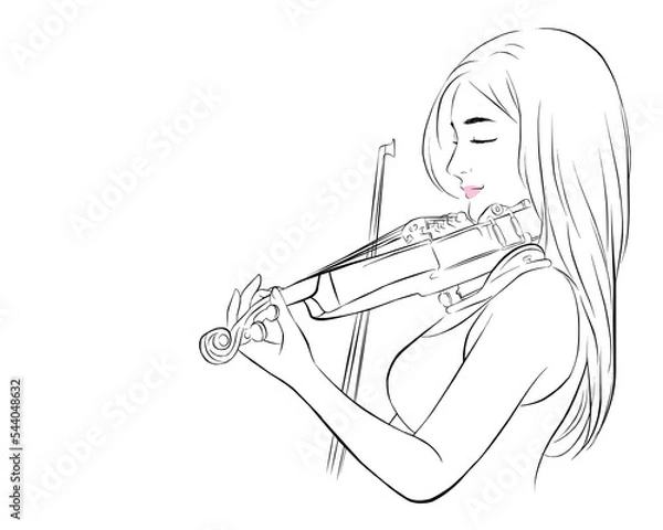 Obraz Beautiful woman hold violin on white background, in emotion feeling happy. vector illustration isolated cartoon hand drawn