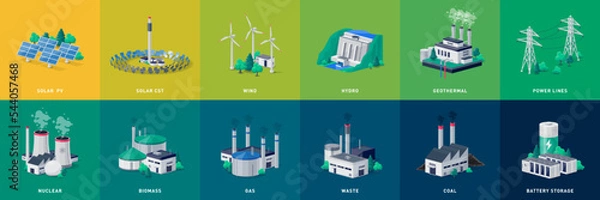 Fototapeta Electricity generation source types. Energy mix solar, water, fossil, wind, nuclear, coal, gas, biomass, geothermal and battery storage. Natural renewable pollution power line plant station resources.