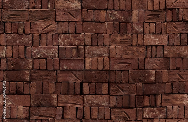 Fototapeta Blotched cracked scratched ancient bumpy wall background. Medieval strong dry loft side fortress fence. Backstein tile in cellar on patio. Solid rough aged brickwall pattern for 3d retro factory decor