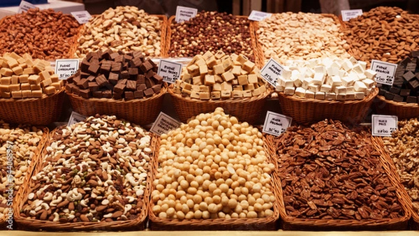 Fototapeta nuts and dried fruits on the counter in the market