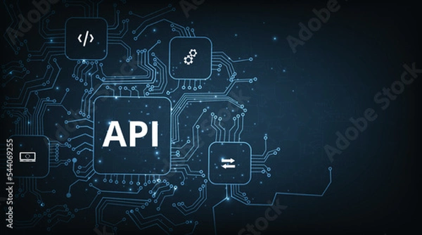 Obraz Application Programming Interface (API) concept. Software development tool, information technology, modern technology, internet and networking concept on dark blue background.