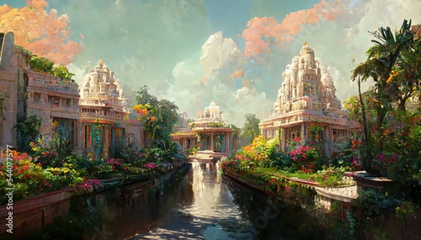 Fototapeta AI generated image of a beautiful Hindu temple complex with a stream and colorful flowers