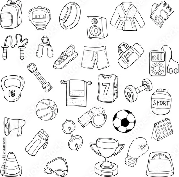 Fototapeta Hand drawn set of fitness related icons such as barbell, dumbbells, sneakers and more. Vector illustration, doodle style.Healthy lifestyle concept.