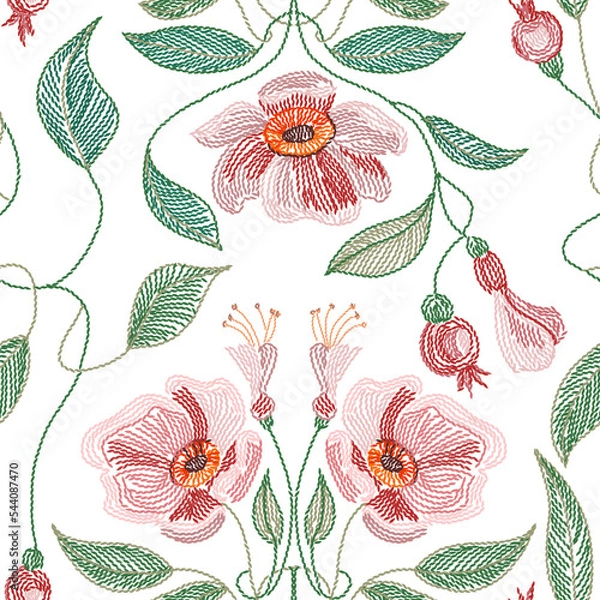Obraz Embroidered flowers and leaves ornament on a transparent background.