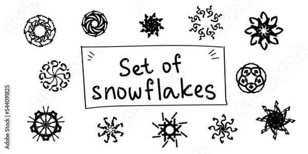 Obraz A set of hand-drawn stars, flowers or snowflakes. Vector images. It looks like the sun, or Arabic script, or Slavic symbols. Vector illustration. 