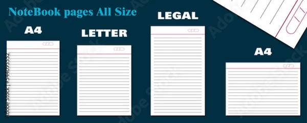 Fototapeta modern notebook pages designed in different size. a4, letter and legal sized vector template. neat and clean, designed for print