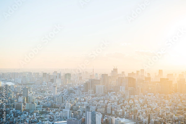 Obraz 東京 大都会 上空写真 夕日 イメージ