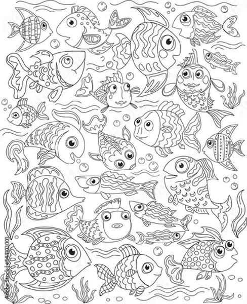 Fototapeta fish pattern outline doodle anti-stress, various poses and situations, drawing, vector, images, cartoon