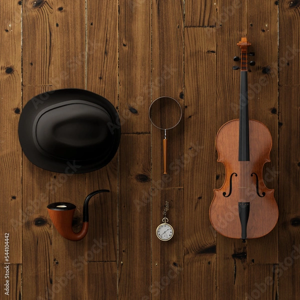 Obraz FLAT LAY COMPOSITION WITH VINTAGE DETECTIVE ITEMS ON WOODEN FLOOR