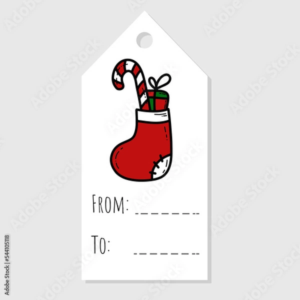 Obraz Christmas cute gift tag with doodle vector illustration