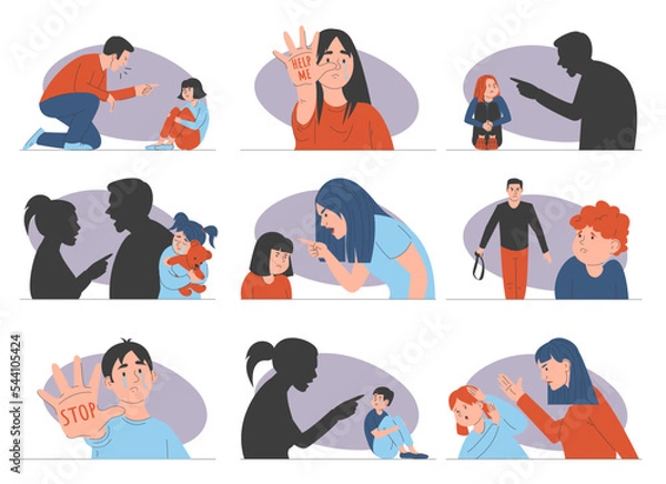 Obraz Abuse in family set vector isolated. Collection of illustrations of parents screaming at children and beating them. Angry mother and father shouting at crying kid. Unhappy family.
