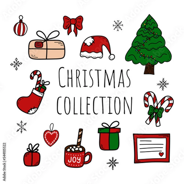Obraz Doodle christmas holiday hand drawn vector isolated elements