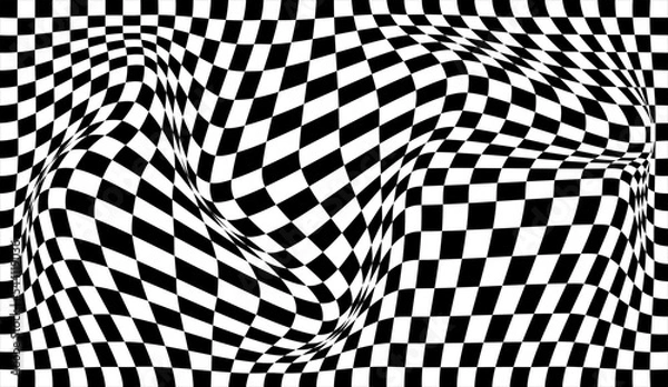 Fototapeta Futuristic checkerboard wave. Abstract vector wave with moving squares. Chess board background.