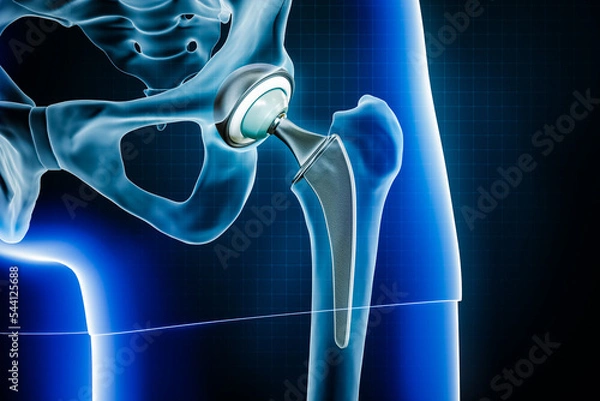 Fototapeta Femoral head hip prosthesis or implant. Total hip joint replacement surgery or arthroplasty 3D rendering illustration. Medical and healthcare, arthritis, pathology, science, osteology concepts.