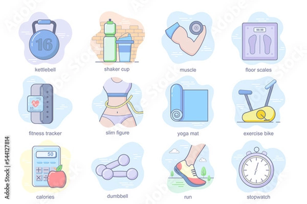 Fototapeta Fitness concept flat icons set. Bundle of kettlebell, shaker cup, muscle, floor scales, tracker, slim figure, sport, exercise, calories and other. Conceptual pack color symbols for mobile app