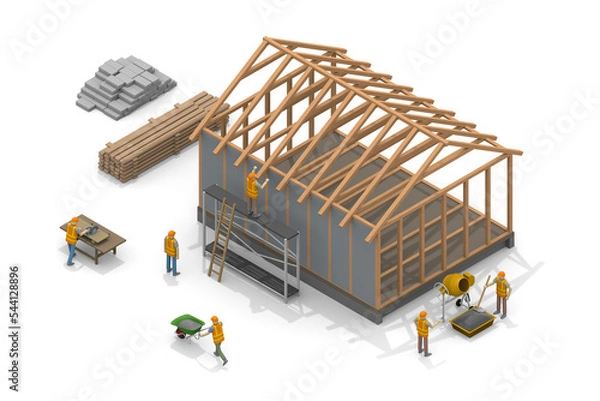 Obraz 家を建てる職人さん。働く大工さん。建設の現場。