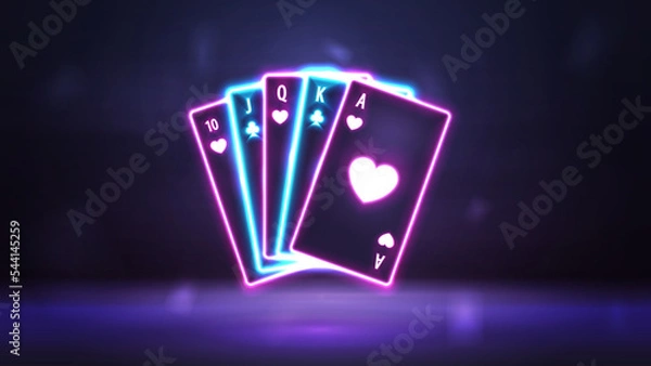 Obraz Pink and blue neon playing cards in dark empty scene. Neon casino elements