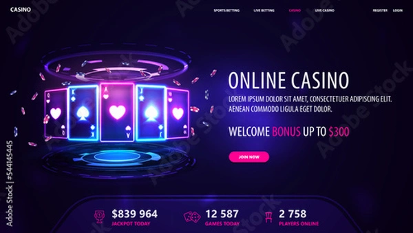 Fototapeta Online casino, dark and blue banner with offer, interface elements and neon playing cards with poker chips with hologram of digital rings in dark empty scene