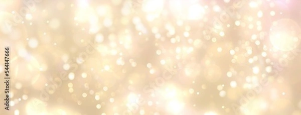 Fototapeta Festive abstract Christmas bokeh light background - golden bokeh lights, beige - New Year, Anniversary, Wedding, banner, header, panorama	
