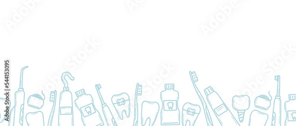 Obraz Horizontal border with dental icons along the bottom. Tools for cleaning and treatment of teeth in doodle. Dentistry banner template. Isolated vector illustration in sketch