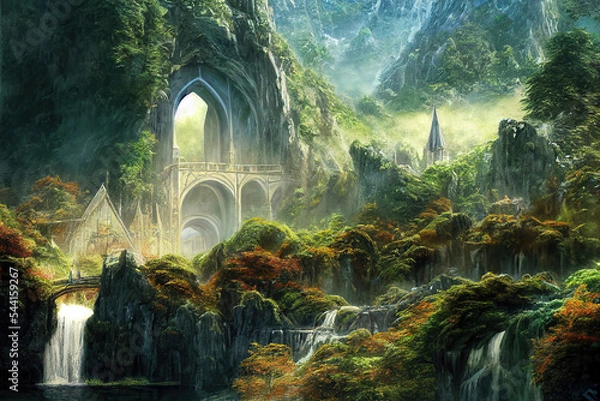 Fototapeta AI generated image of a large Elven or Elvish city with arches, marble palaces, waterfalls and vegetation 