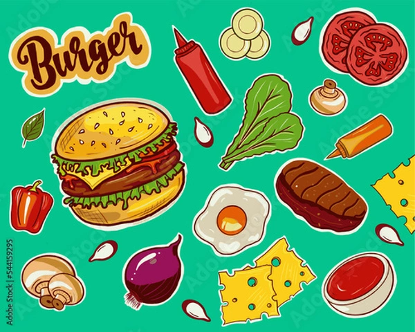 Fototapeta Burger recipe sticker set vector hand drawing. Ingredients for burger, cutlet stickers, cheese, egg, greens, tomato, sauce. Fast food stickers for printing, sketchbook