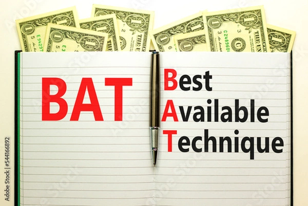 Fototapeta BAT best available technique symbol. Concept words BAT best available technique on white note on a beautiful white background. Business and BAT best available technique concept. Copy space.