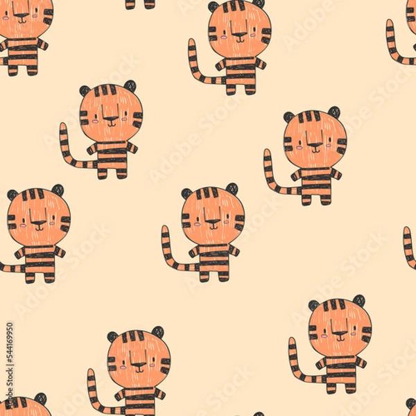 Fototapeta Seamless pattern of cute bright orange tigers in light orange background. Hand-draw pattern in vintage doodle style. For example the pattern for baby clothes or for wrapping paper.