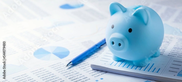 Fototapeta Moneybox for money on the background of documents and financial charts. Investment and capital accumulation concept