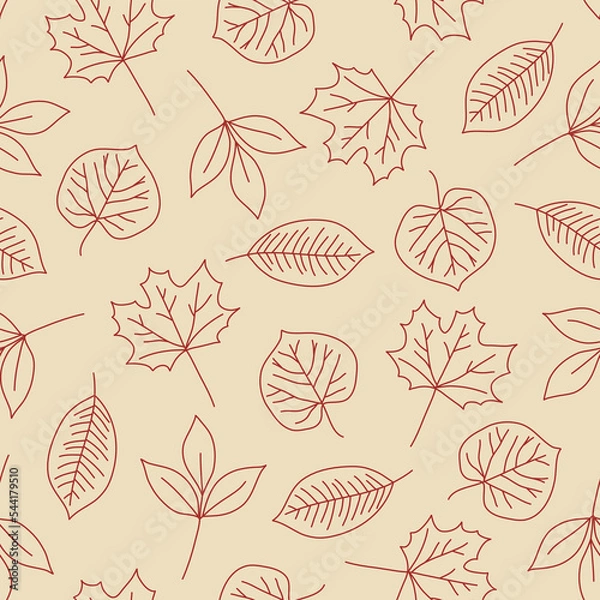 Fototapeta Outlines of Scattered Fall Leaves Surface Design Textiles Seamless Repeat Pattern Design  