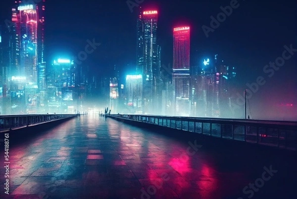 Fototapeta Rainy neon night in a cyberpunk city bridge.