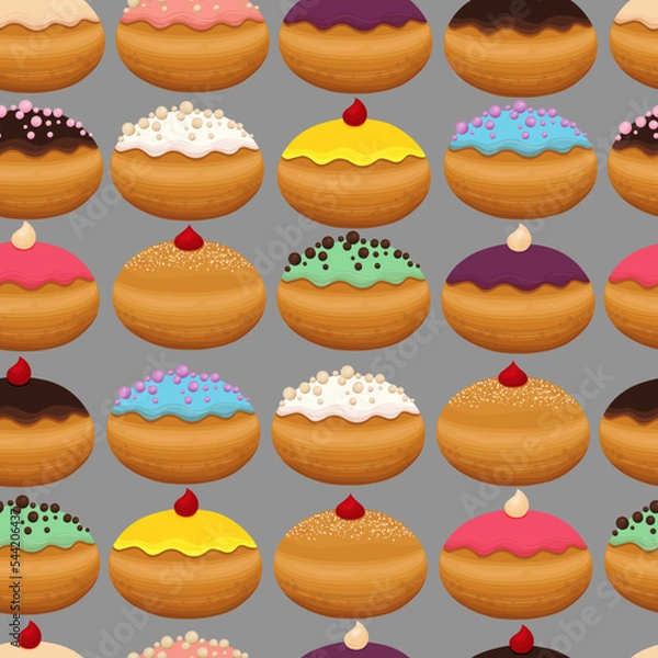 Fototapeta Hanukkah donuts pattern. Jewish trditional Hanukkah sweets background. Doughnuts print. Syfganiyot donuts isolated on blue backdrop. Happy Hanukkah food texture, fabric, textile tasty texture