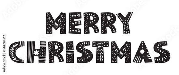 Fototapeta Merry Christmas lettering. Cute typography in scandinavia linocut style. Elements for packaging design, scrapbooking, planners and greeting card