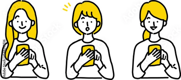 Obraz スマホを操作する3人の女性のイラストセット