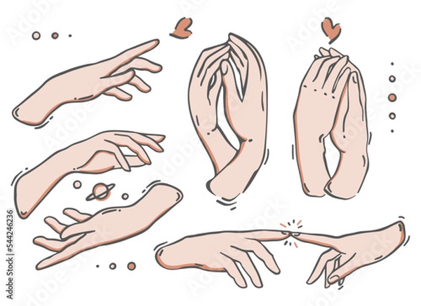 Fototapeta Collection of hands with signatures "touch", "together", "spark". Set with elegant woman Hand gestures. Flat style vector illustration, isolated element. Fingers, palms. For tattoo or sticker set